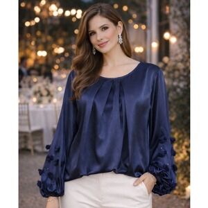 Midnight Velvet Womens Top Plus 3X Blue Embellished Flowers Sequins Occasion